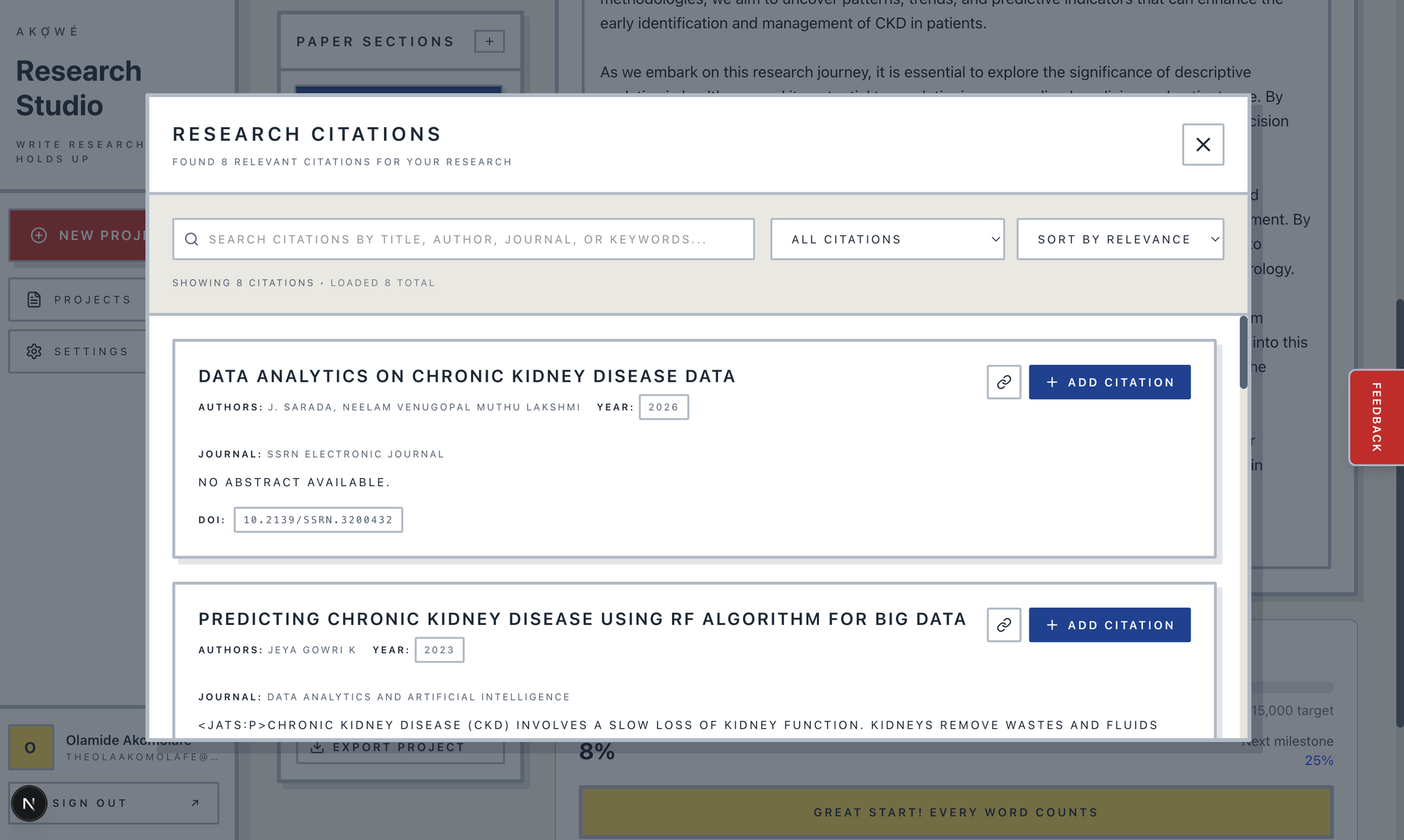 Akowe citation search and management interface