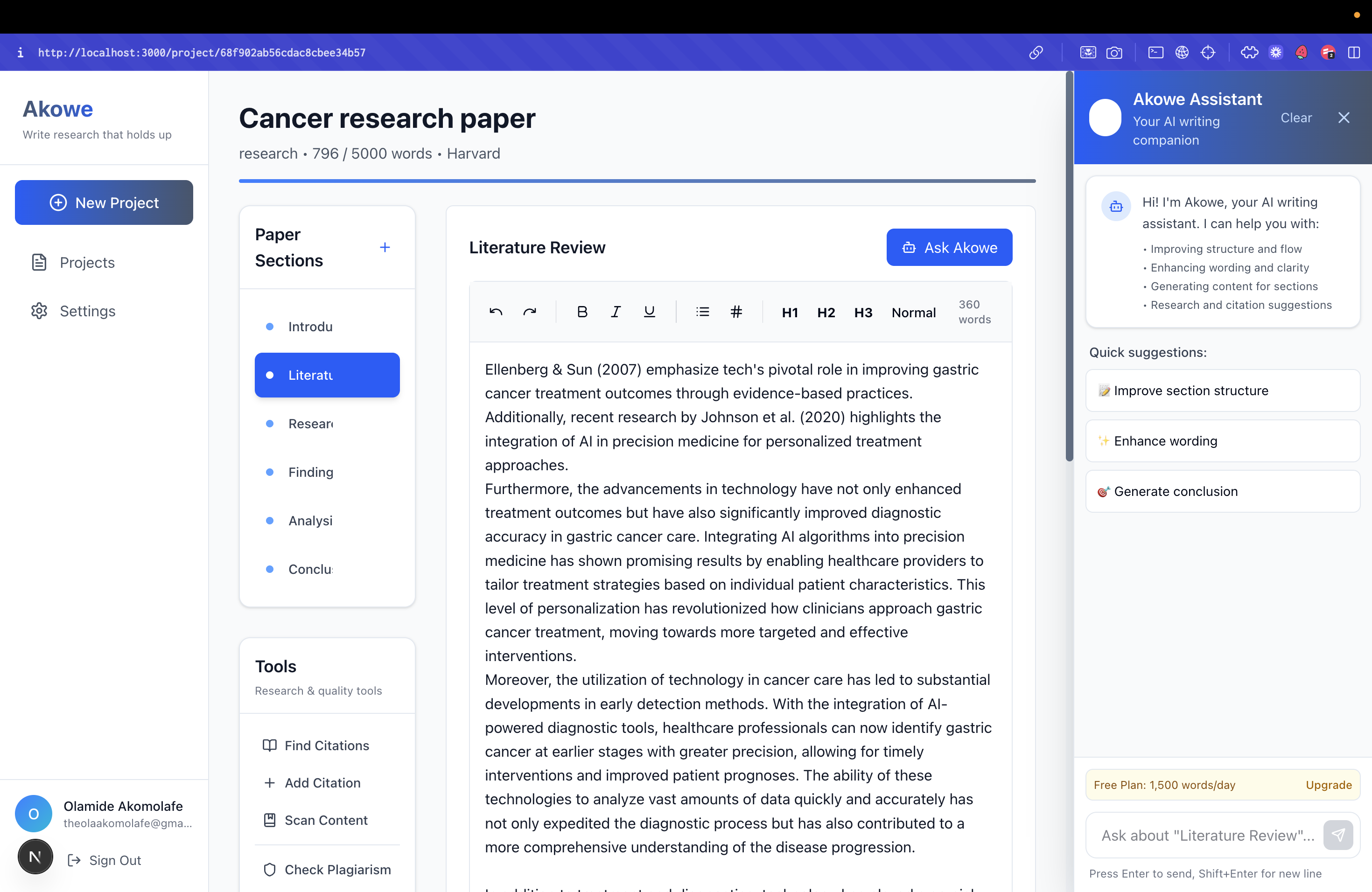 Akọ̀wé platform interface showing project management, AI assistant, and thesis writing tools